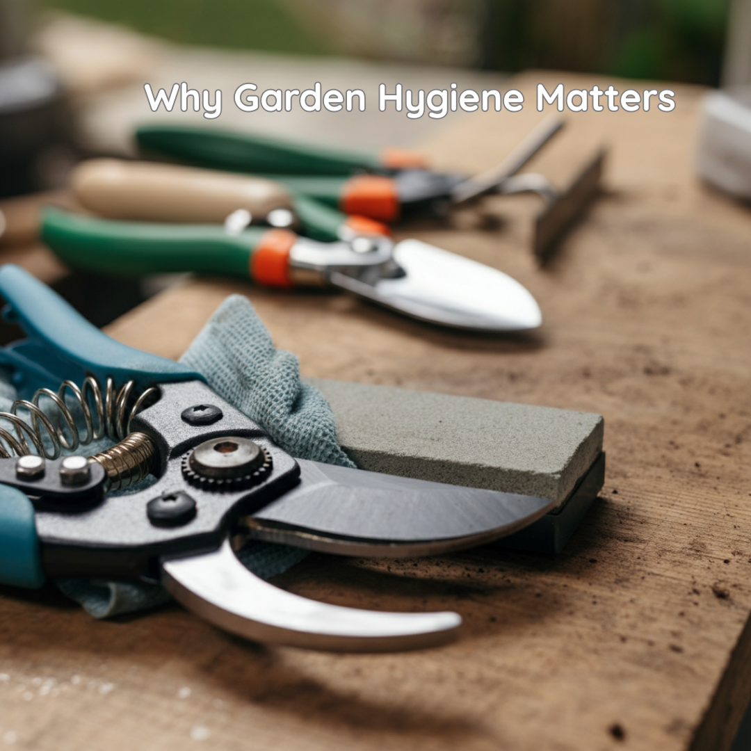 Why Garden Hygiene Matters. Image: workbench with secateurs and garden tools being wiped clean.