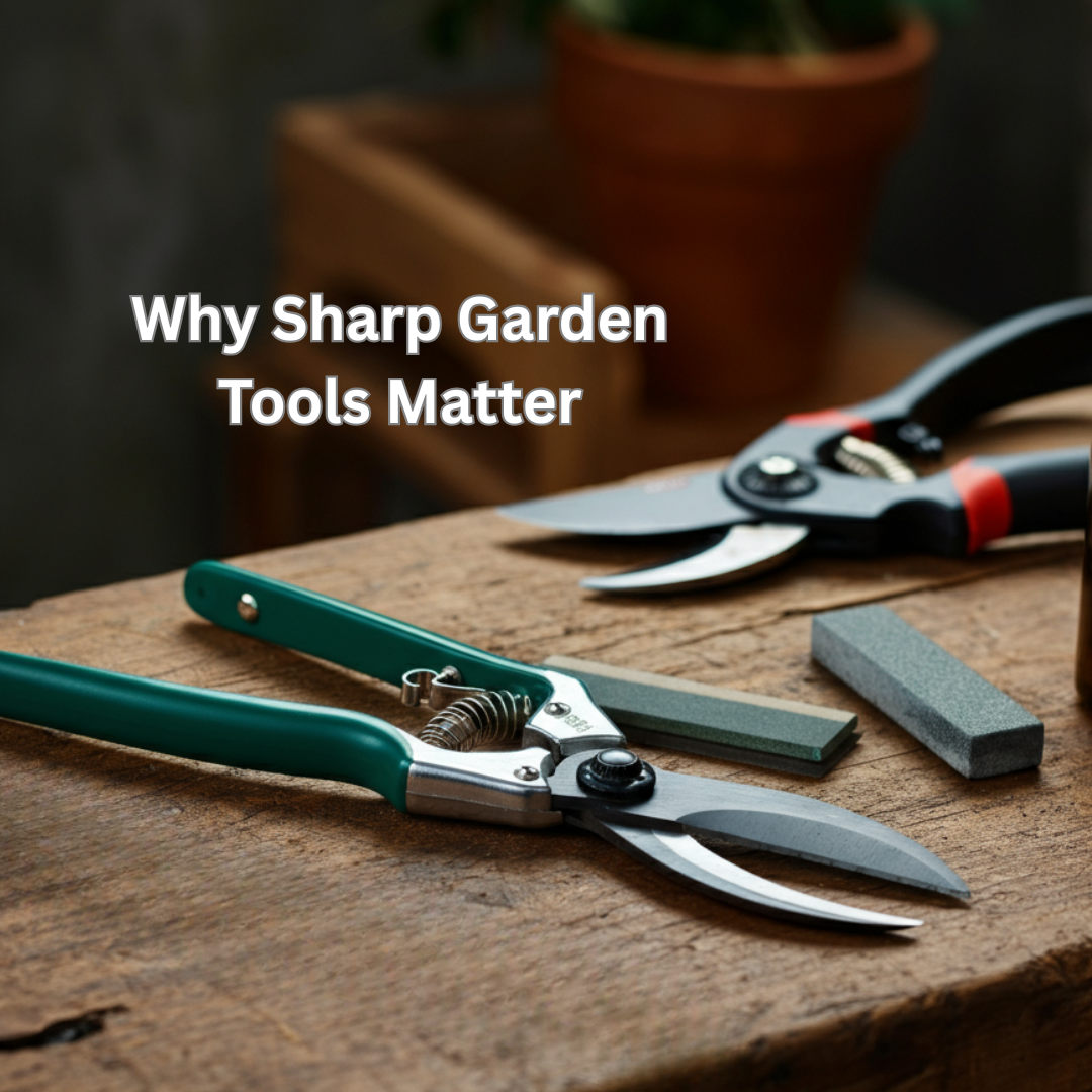 Why Sharp Garden Tools Matter. Workbench with garden secateurs and sharpening stones.