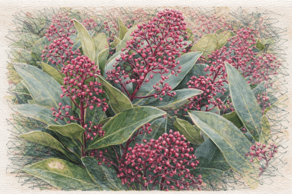 Skimmia japonica 'Rubella' - Japanese Skimmia.
Winter Interest Shrub