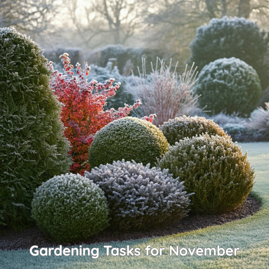 Gardening Tasks for November. Winter Garden - Shrubs touched with Frost