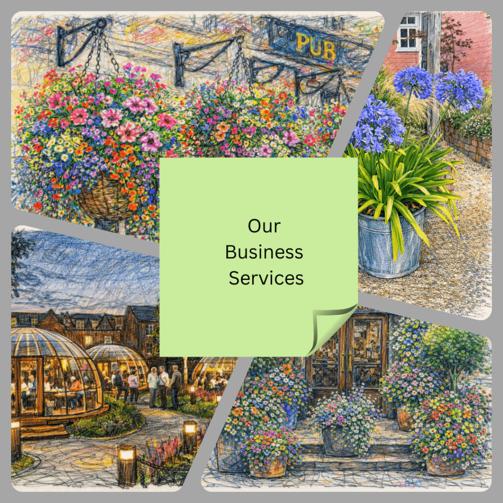 Our Business Services.
Copies of sketches of hanging baskets from a pub, container planting in a beer garden, igloo dome outdoor entertaining pods for beer gardens, restaurant gardens and hotels and planters to provide a colourful decorative entrance to a hotel.