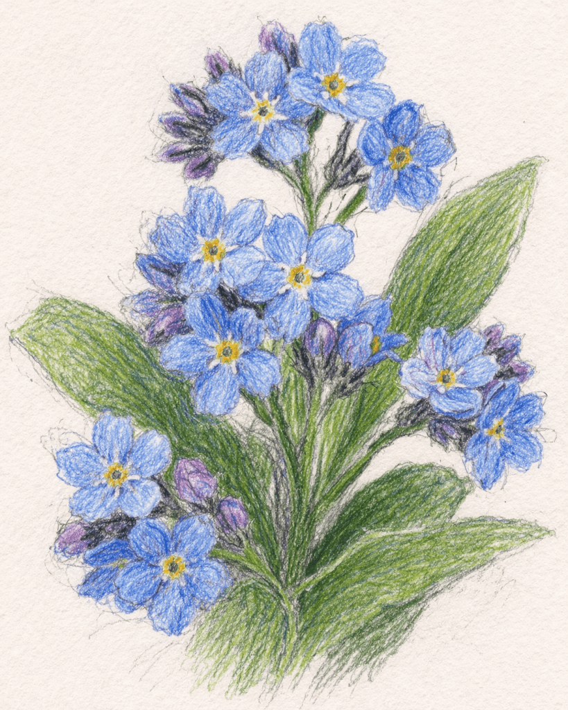Myosotis, forget me not.
coloured sketch.