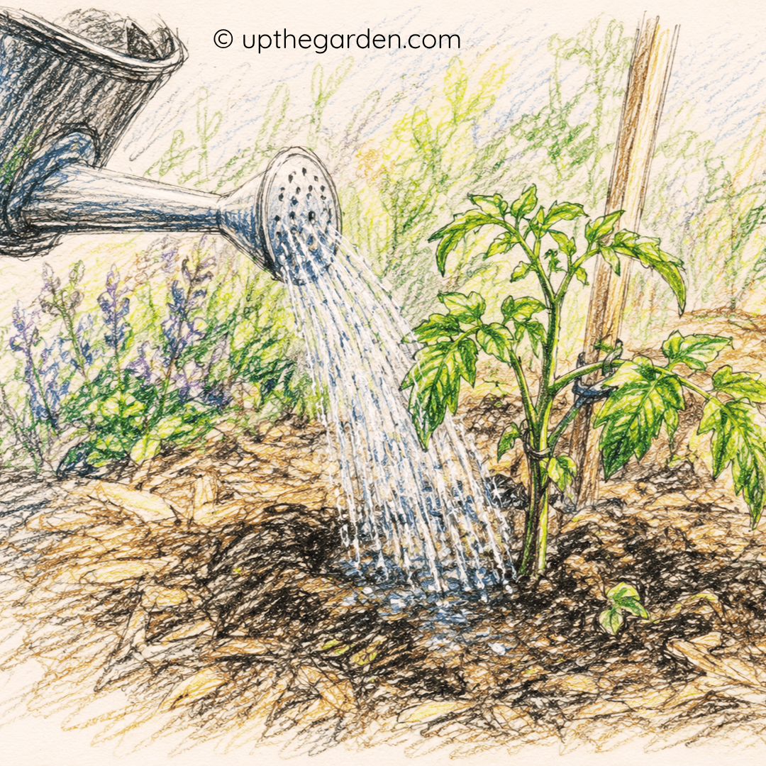 Caring for your garden in hot weather. Colouring sketch of watering Can watering a plant.