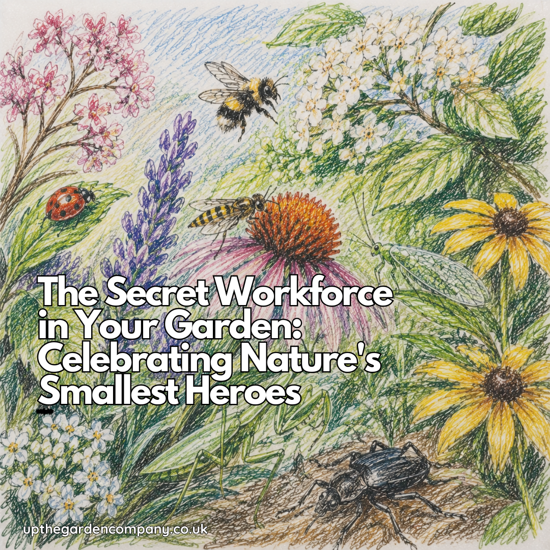 The Secret Workforce in your garden - Celebrating Natures Smallest Heros. Colouring Pencil Sketch of insects busy in the garden.