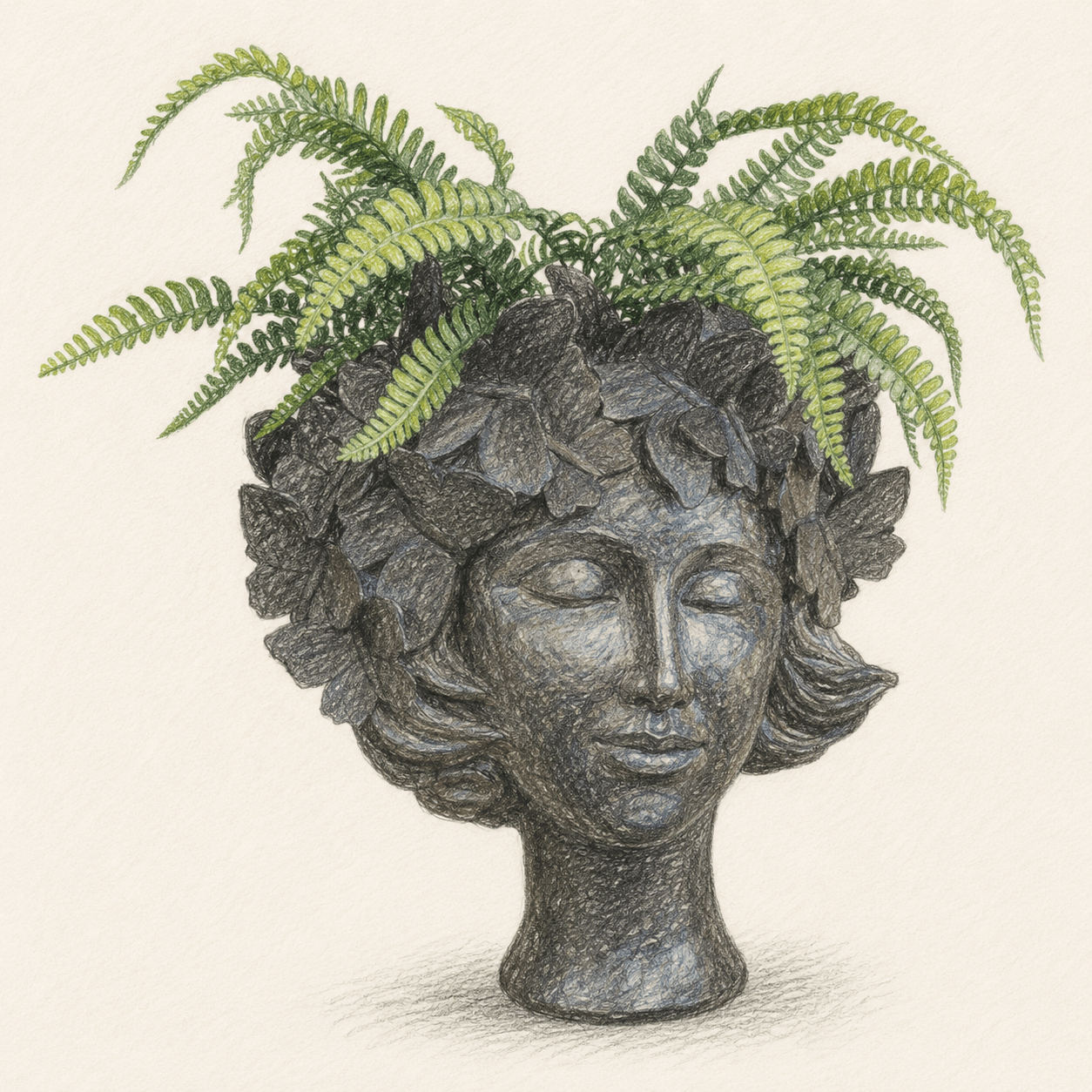 Indoor Gardening.  Head Planter with Fern Hair